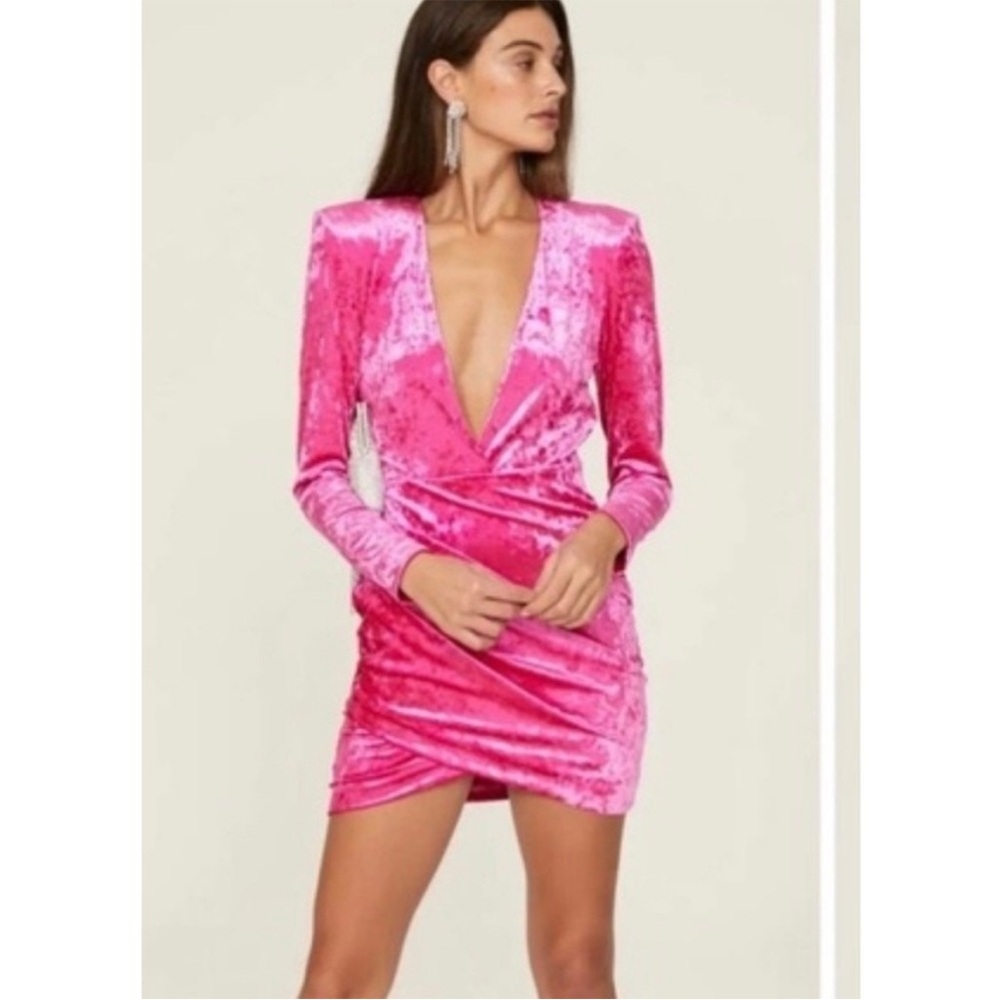 Ronny Kobo Pink Fuchsia Velvet Plunge Neckline Mini Dress Size XL